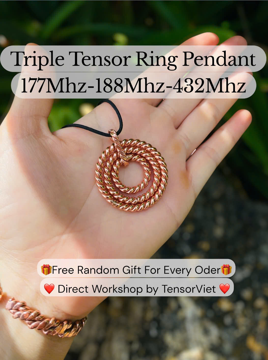 Triple Tensor Copper Ring Pendant: Sacred Geometry EMF Protection Necklace , 177Mhz - 188Mhz - 432Mhz