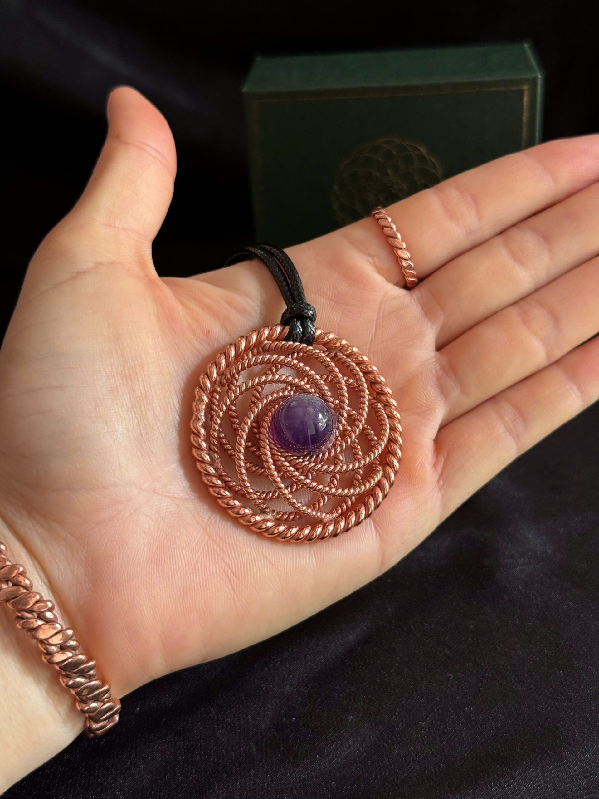 Flower of Life Copper Tensor Pendant with Crystal | Handmade Sacred Geometry Necklace | 144MHz & 177MHz