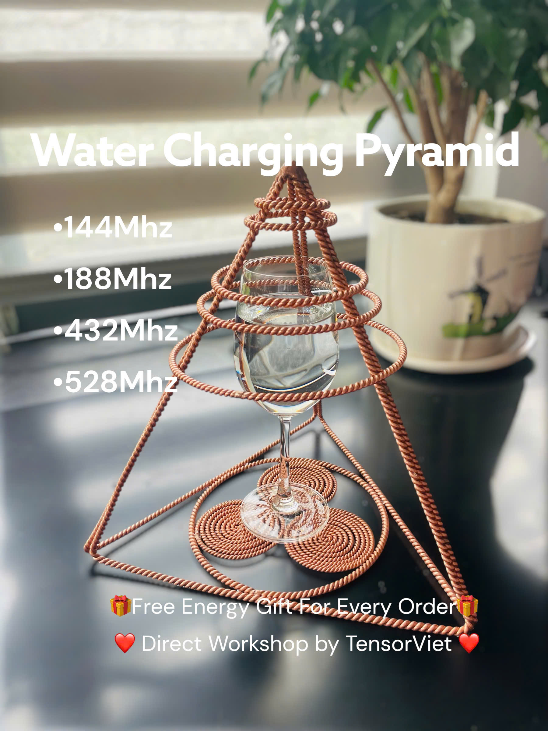 Handmade Copper Energy Pyramid - 5 Tensor Ring - Water Charging - Triskelion Coils - Sacred Geometry