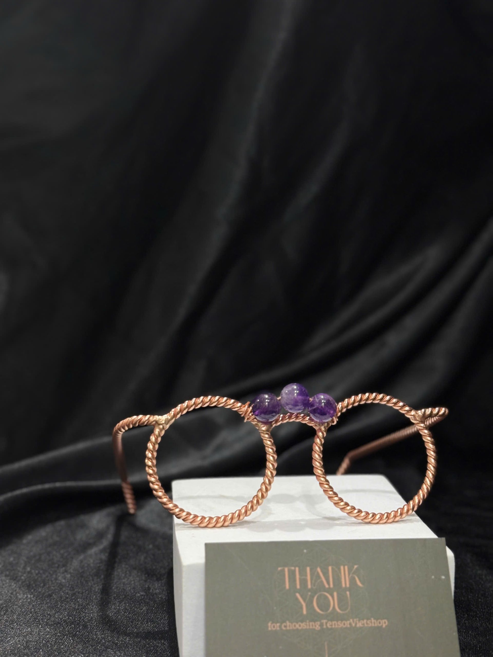 Tensor Copper Energy Glasses with Amethyst Crystal | 177 MHz / 144 MHz | Third Eye Meditation & EMF Harmony